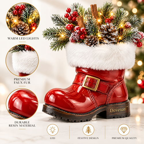 Dovenari™ Lighted Santa Boot Pinecone & Berry LED Tabletop Decor