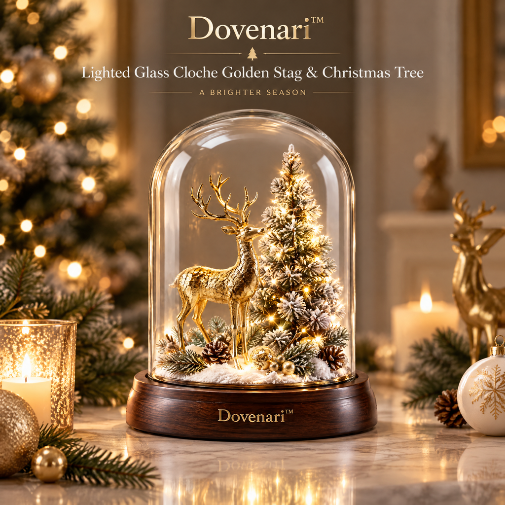 Dovenari™ Lighted Glass Cloche Golden Stag & Christmas Tree LED Night Light