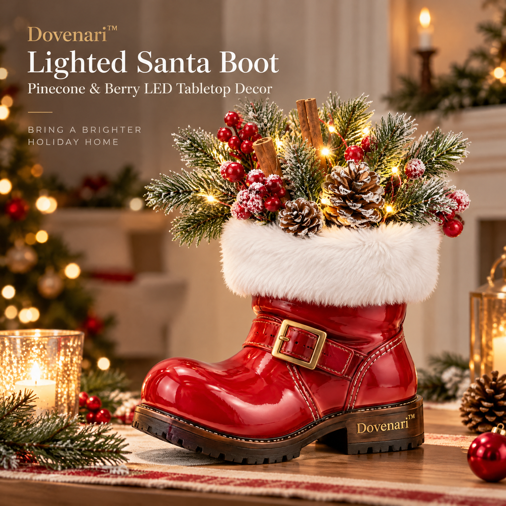 Dovenari™ Lighted Santa Boot Pinecone & Berry LED Tabletop Decor