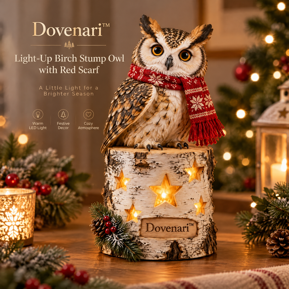 Dovenari™ Light-Up Birch Stump Owl with Red Scarf