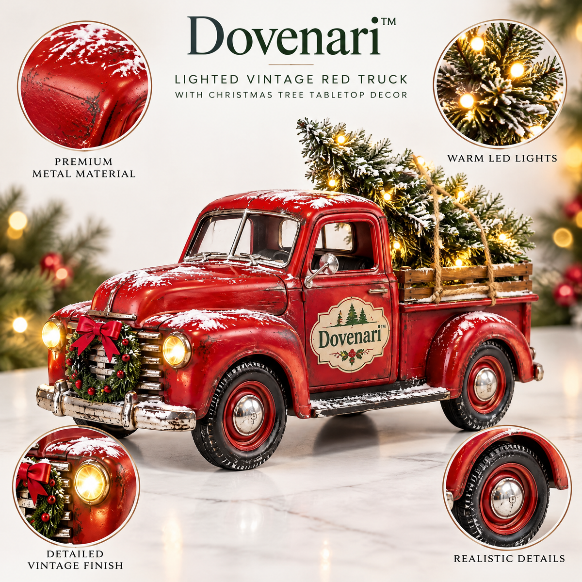 Dovenari™ Lighted Vintage Red Truck with Christmas Tree Tabletop Decor