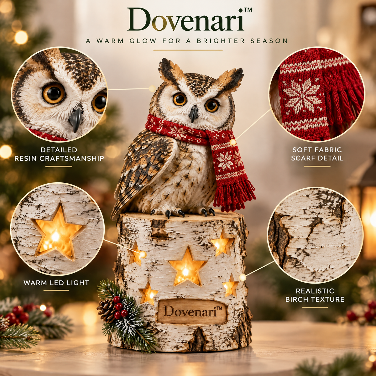 Dovenari™ Light-Up Birch Stump Owl with Red Scarf