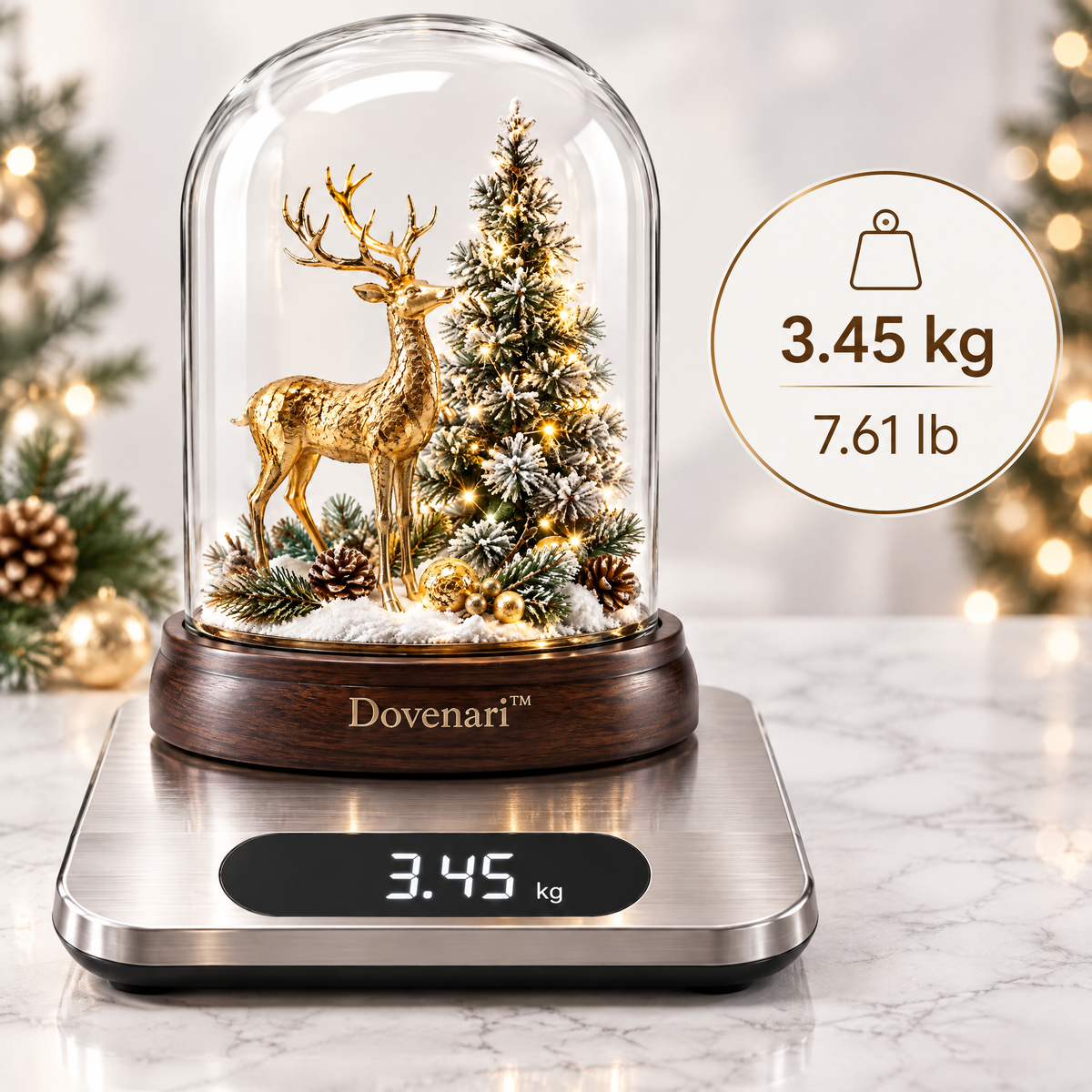 Dovenari™ Lighted Glass Cloche Golden Stag & Christmas Tree LED Night Light