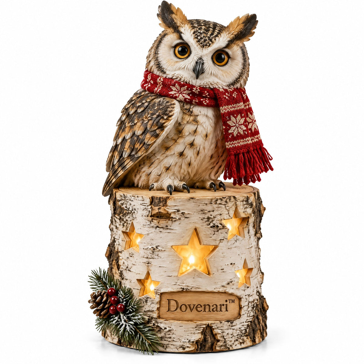 Dovenari™ Light-Up Birch Stump Owl with Red Scarf