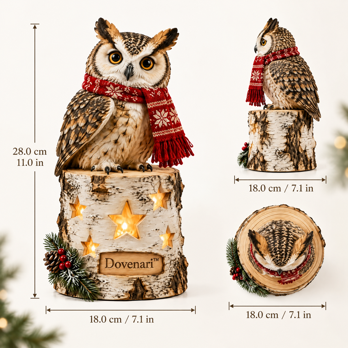 Dovenari™ Light-Up Birch Stump Owl with Red Scarf