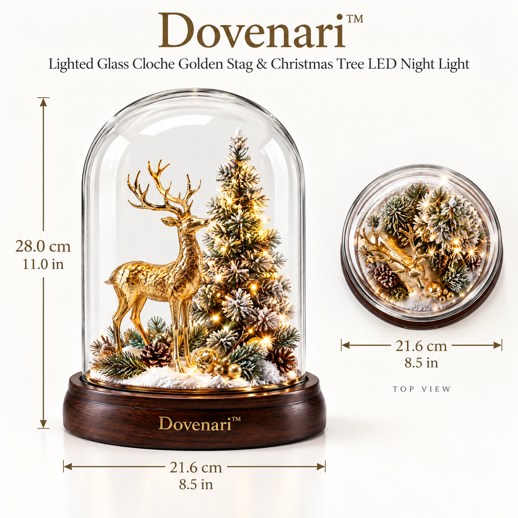 Dovenari™ Lighted Glass Cloche Golden Stag & Christmas Tree LED Night Light