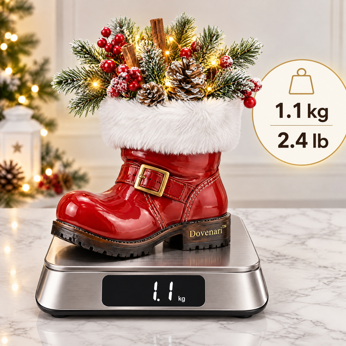 Dovenari™ Lighted Santa Boot Pinecone & Berry LED Tabletop Decor