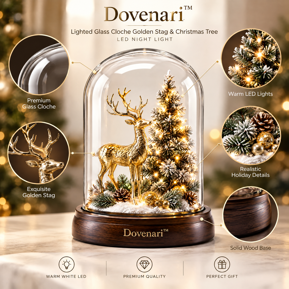 Dovenari™ Lighted Glass Cloche Golden Stag & Christmas Tree LED Night Light