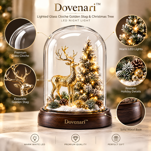 Dovenari™ Lighted Glass Cloche Golden Stag & Christmas Tree LED Night Light