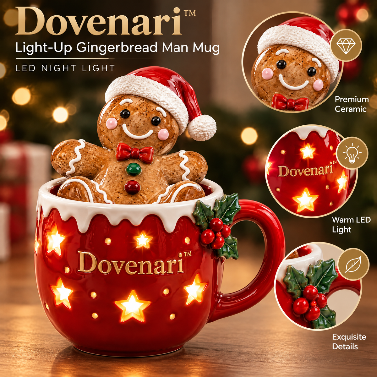 Dovenari™ Light-Up Gingerbread Man Mug LED Christmas Night Light
