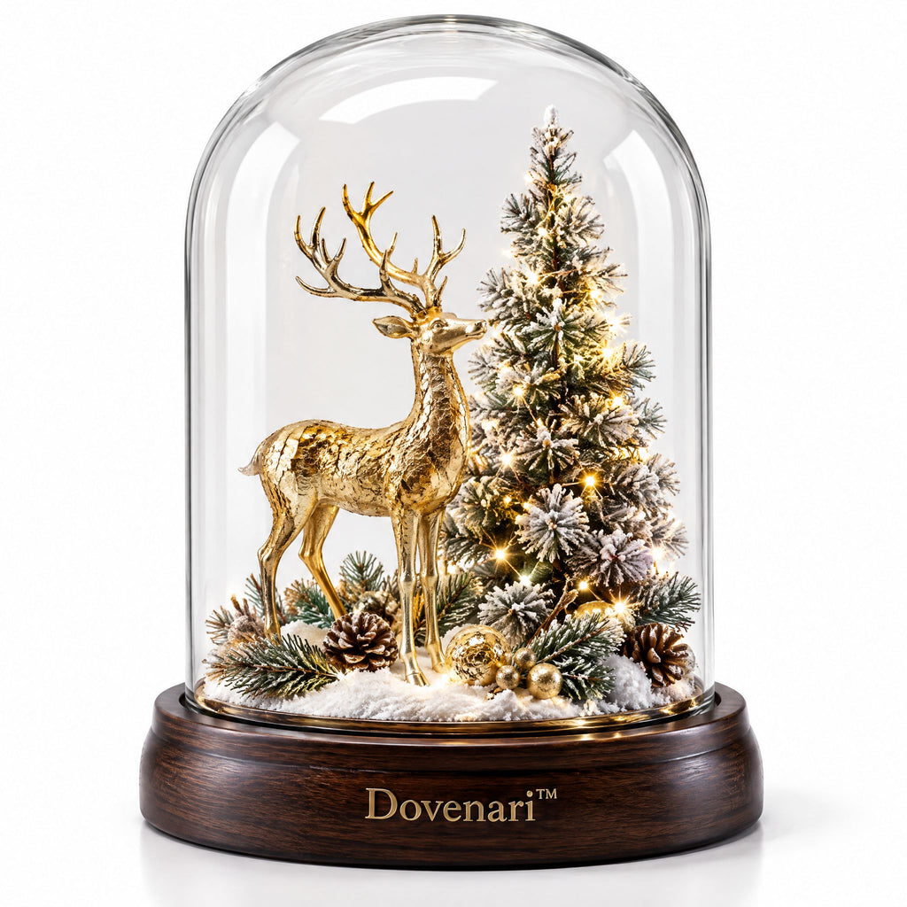 Dovenari™ Lighted Glass Cloche Golden Stag & Christmas Tree LED Night Light