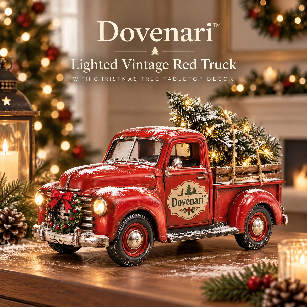 Dovenari™ Lighted Vintage Red Truck with Christmas Tree Tabletop Decor