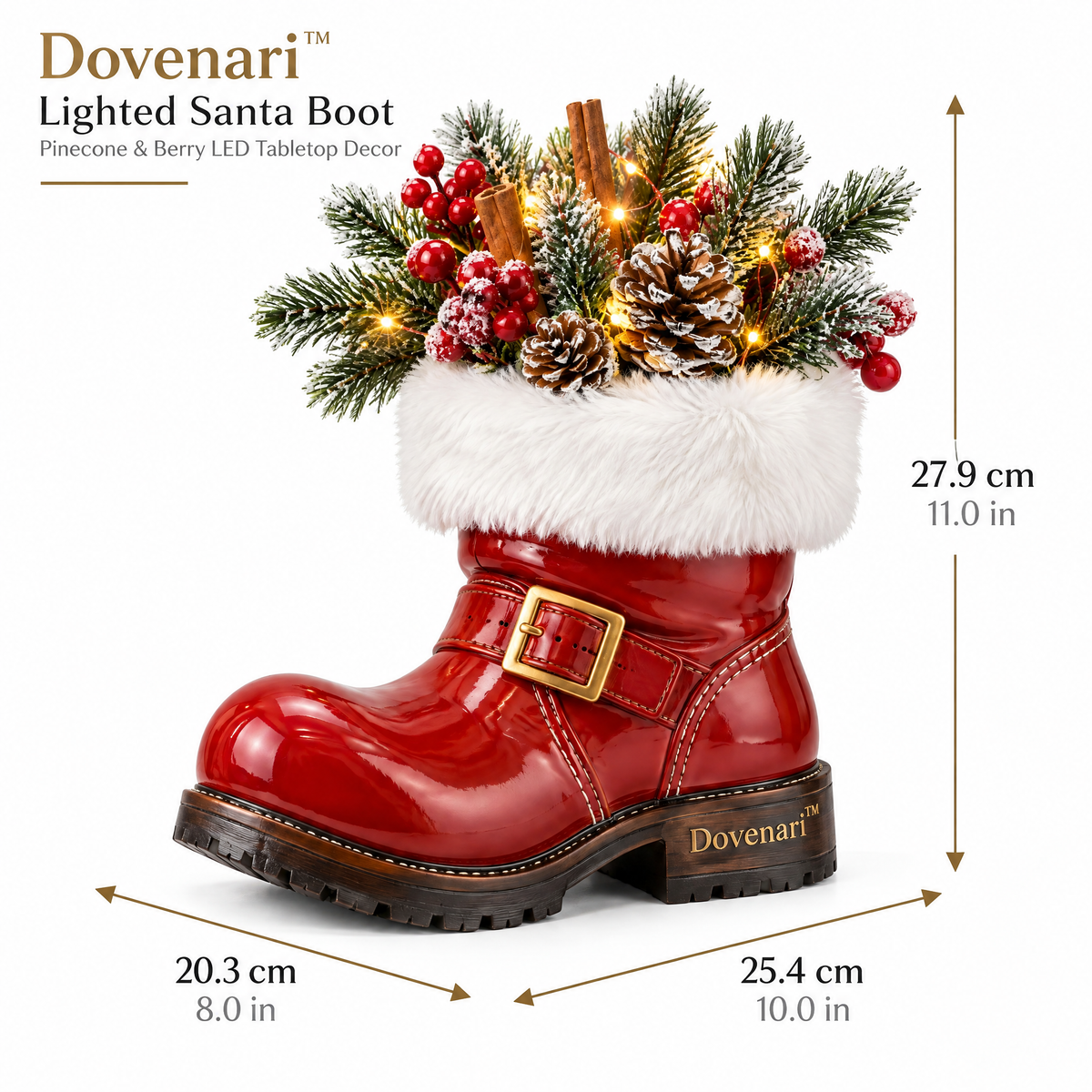 Dovenari™ Lighted Santa Boot Pinecone & Berry LED Tabletop Decor
